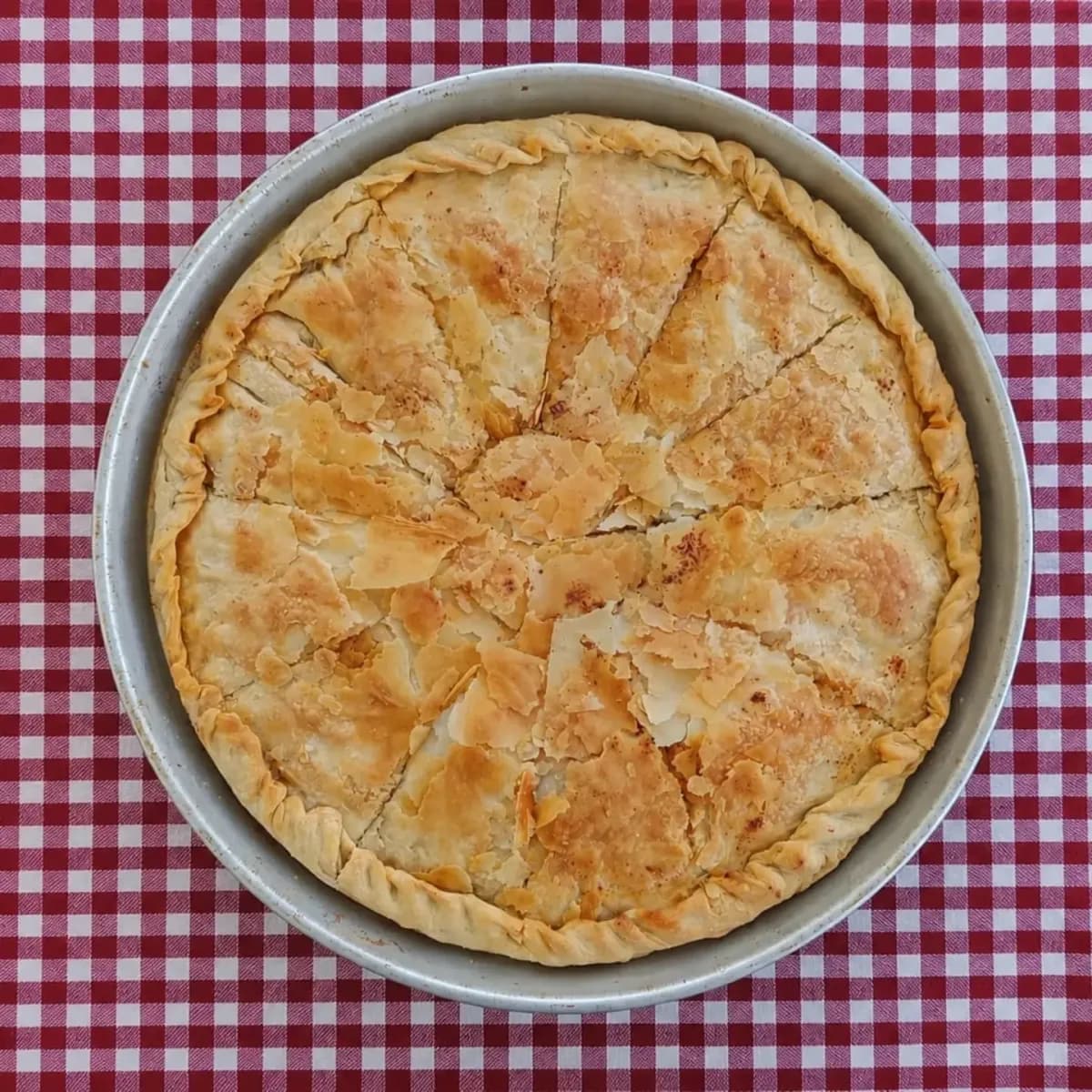 Tepside fırından yeni çıkmış patlıcanlı Arnavut böreği